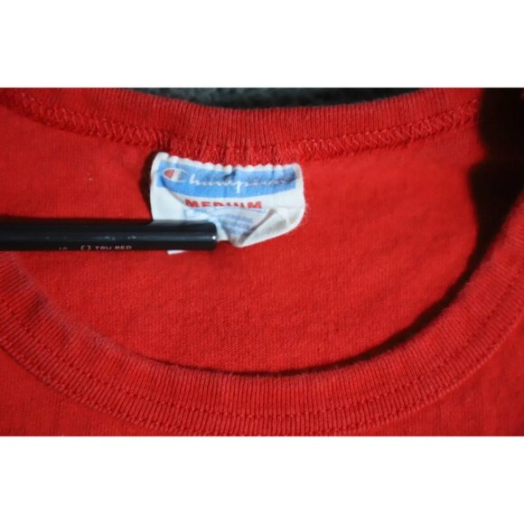 Vintage Champion T-Shirt Mens M Red Crew Neck Spell Out Logo Embroidered Cotton - Picture 5 of 9